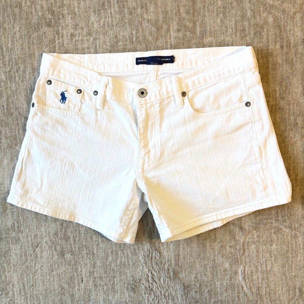 Ralph Lauren Sport White Denim Shorts Womens 29 Stretch Pony Logo Preppy Y2K - Picture 2 of 11